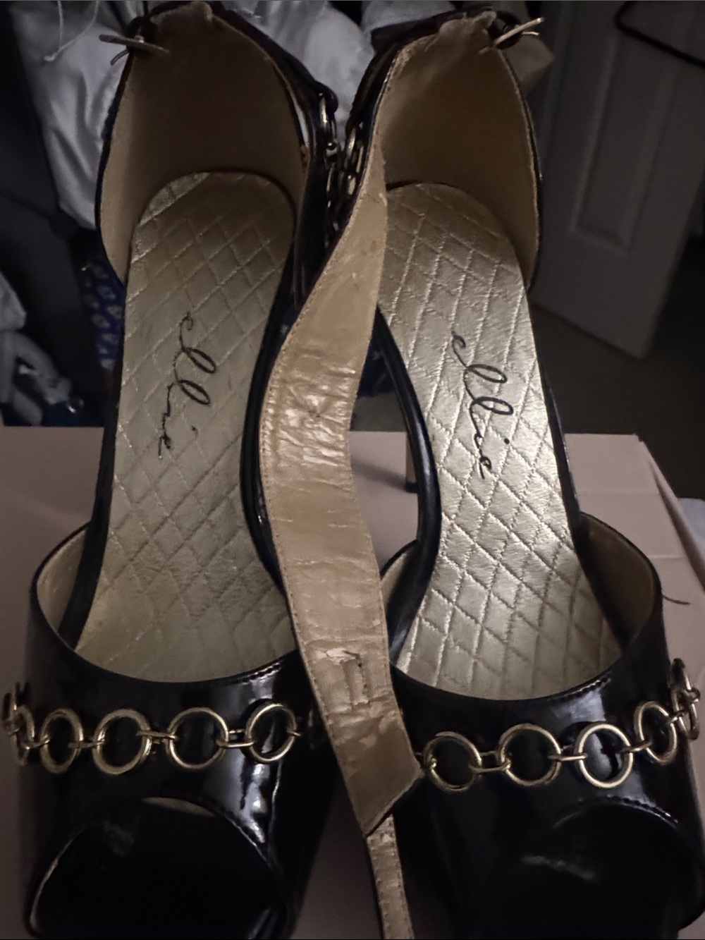 Elle Black Patent Peep-Toe Heels with Gold Chain Accent